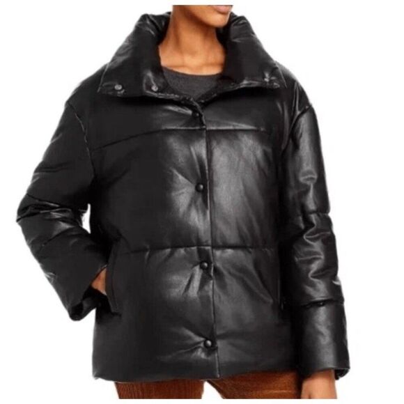 Bagatelle NYC Small Oversized Faux Leather Puffer Jacket Black Snaps - Picture 1 of 9